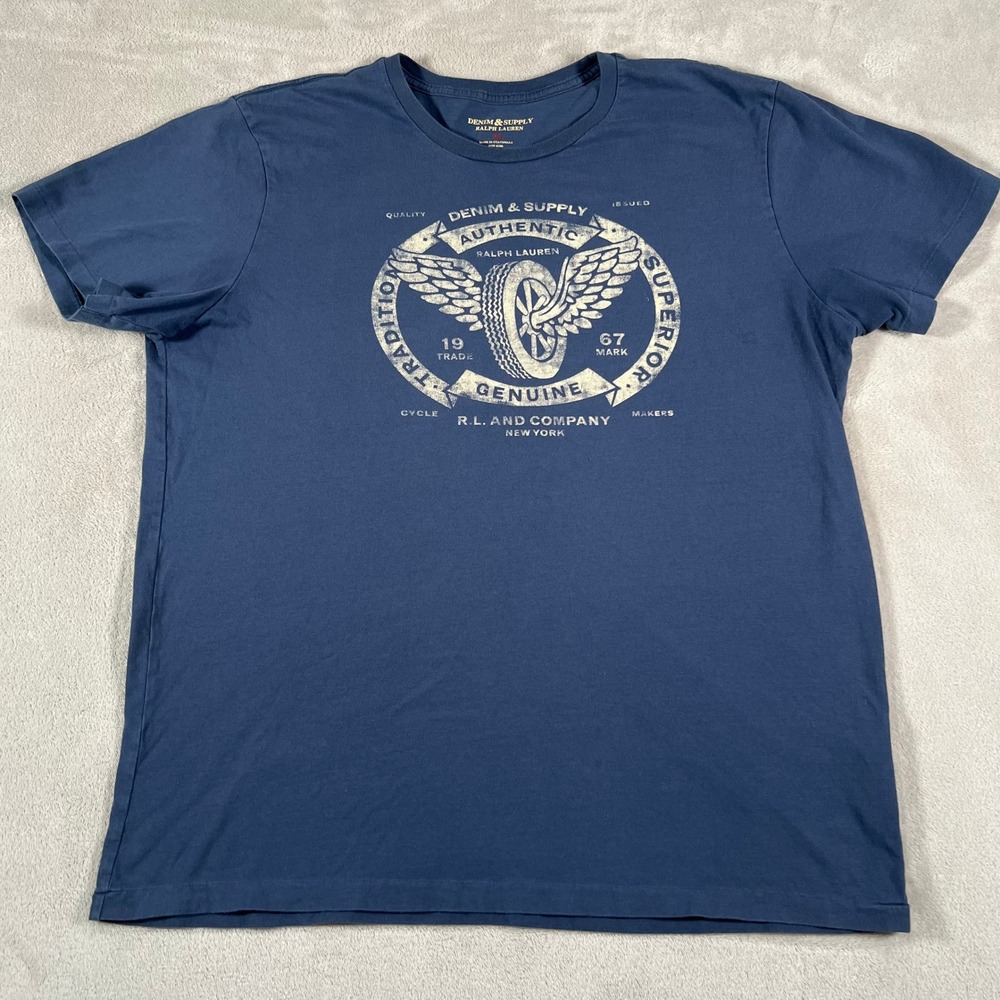 Denim & Supply Ralph Lauren T-Shirt Men's XL Blue Graphic Winged Tire Distressed